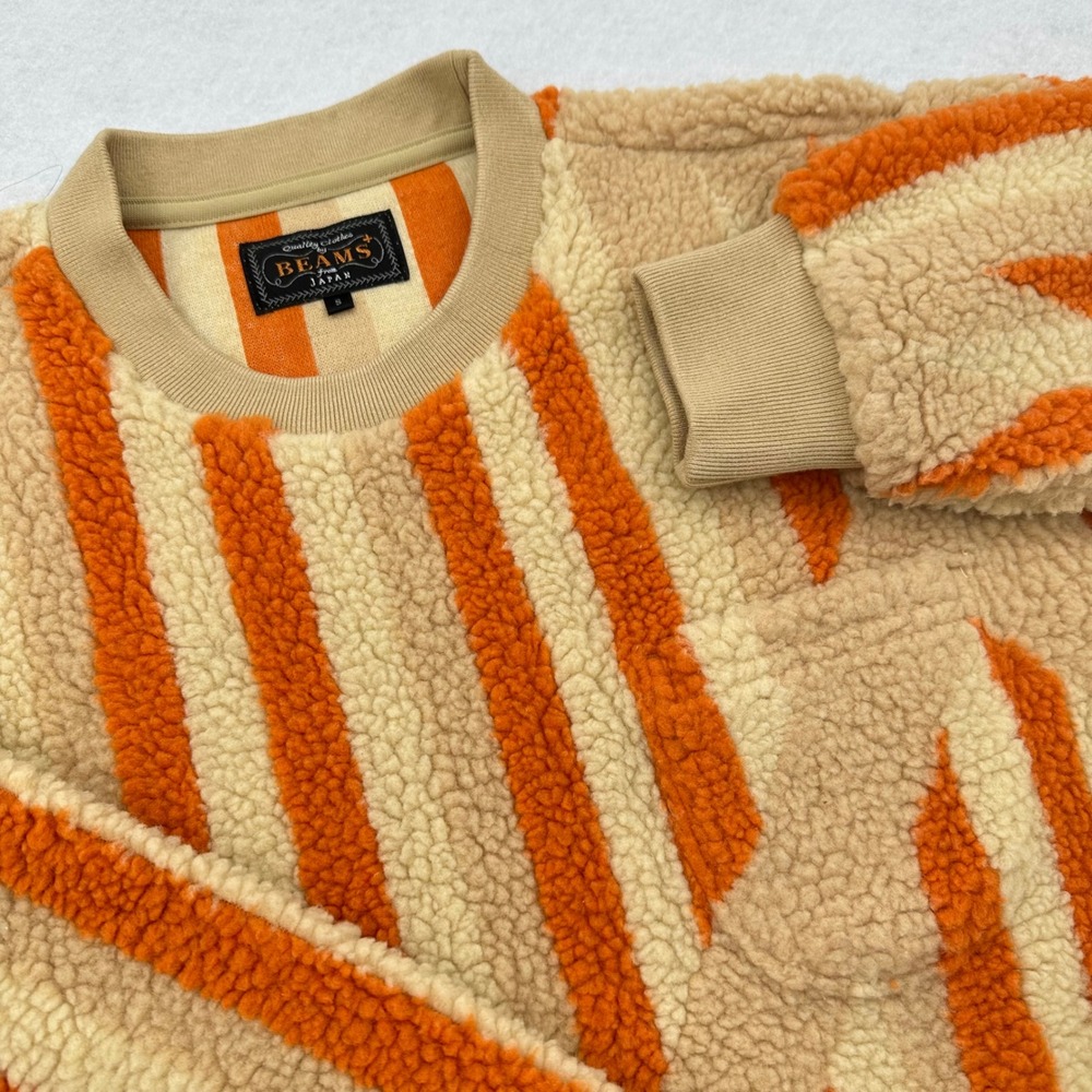 Beams Plus Mens Orange Striped Fleece Crewneck Sweatshirt Small Japan Streetwear